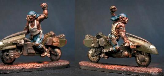 ShadowRun Ork with tattoos on a military motorcycle with a grenade of some sort by DM of Doom