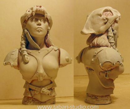 Barbarian Huntress 100 bust : back and front view by tabanstudio