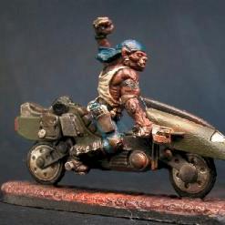 ShadowRun Ork with tattoos on a military motorcycle with a grenade of some sort by DM of Doom