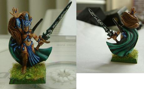 wood elf  sorceress ( dark elf sorceress painted in a wood elf style ) by wizard of the strom